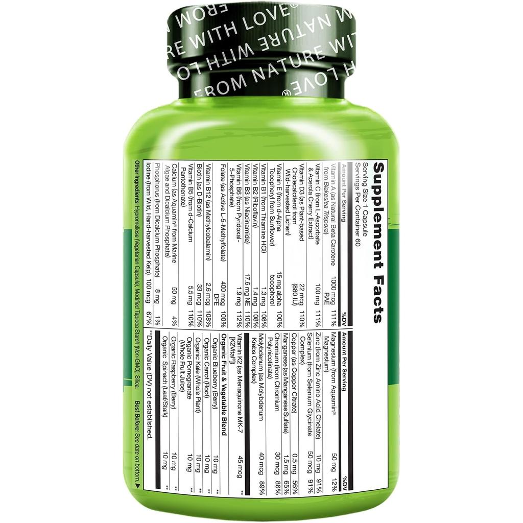Naturelo men&#39;s multivitamin with fruit extracts, energy and immunity support, vegan, GMO-free, B12, plant-based calcium.