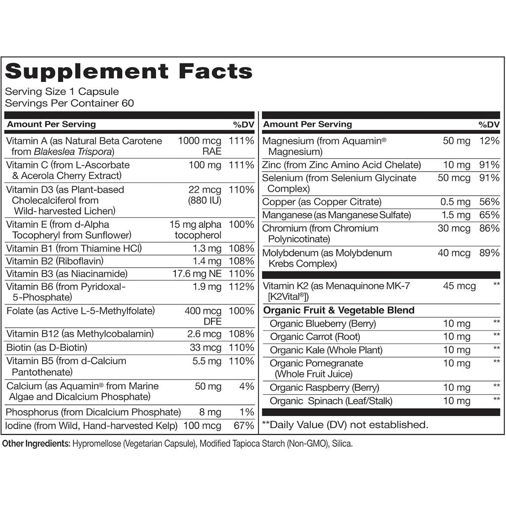 Naturelo One Daily Multivitamin for Men - Vitamins A, B, C, D3, E, K2, Energy &amp; Immunity Support, Vegan, No Preservatives