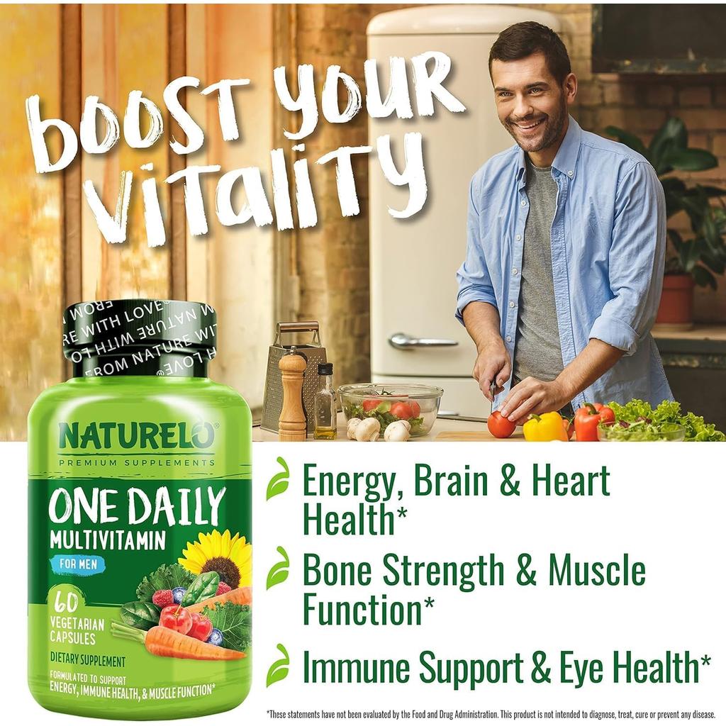Naturelo One Daily Multivitamin for Men - Vitamins A, B, C, D3, E, K2 with Fruit Extracts, Energy, Immunity Support