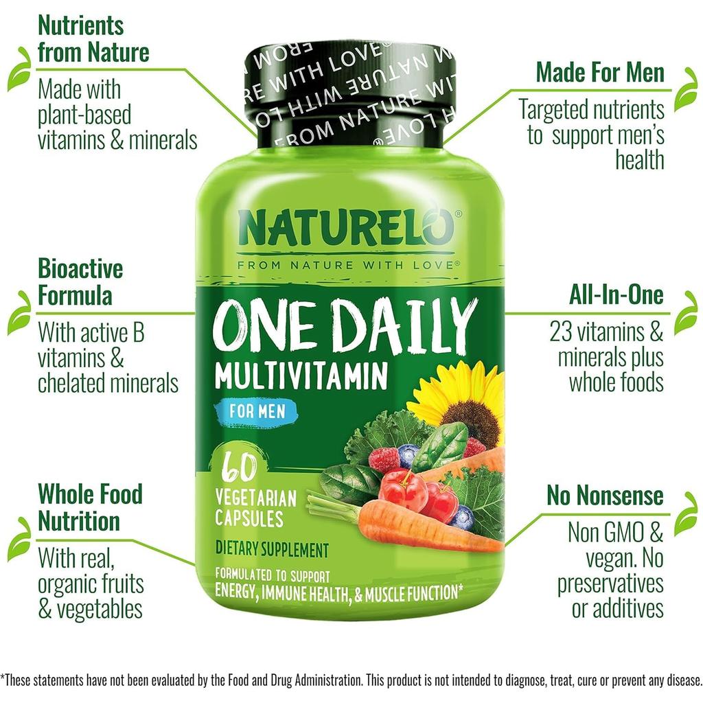 Naturelo One Daily Multivitamin for Men, boosts energy, immunity, muscle function, with natural vitamins and fruit extracts.