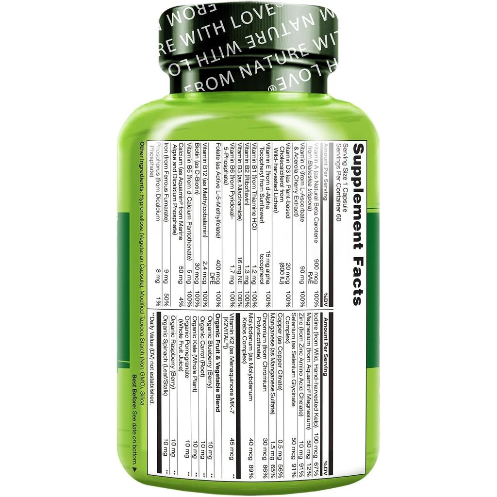 Naturelo One Daily Multivitamin for Women, Vitamins A-K2, B12, B6, with Fruit Extracts, Vegan, Supports Immunity &amp; Wellness.