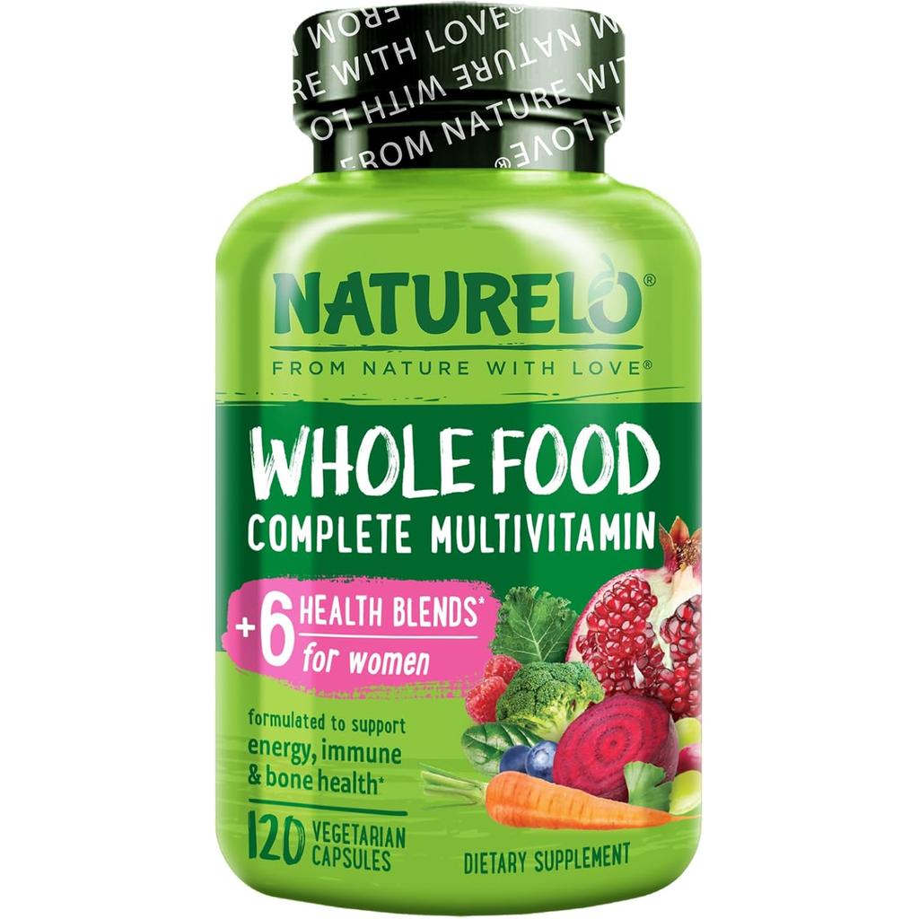 Naturelo whole food multivitamin for women, natural vitamins, fruit and herbal extracts, daily health support.