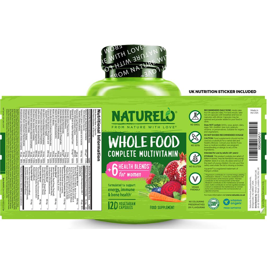 Naturelo whole food multivitamin for women with natural vitamins, fruit, herbal extracts; supports energy and wellness.