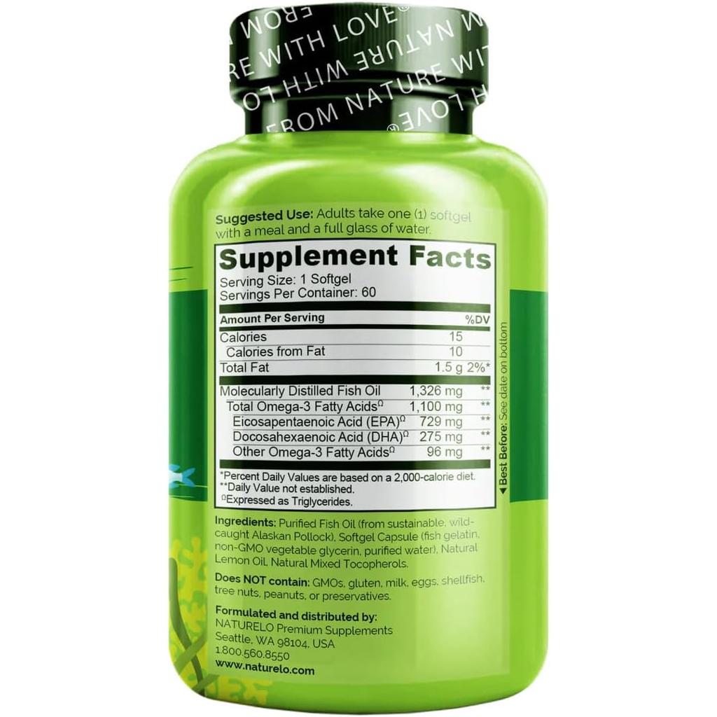Naturelo Premium Omega-3 Fish Oil 1100mg, Triglyceride Form, Heart &amp; Brain Health, One-a-Day Supplement, Image 2
