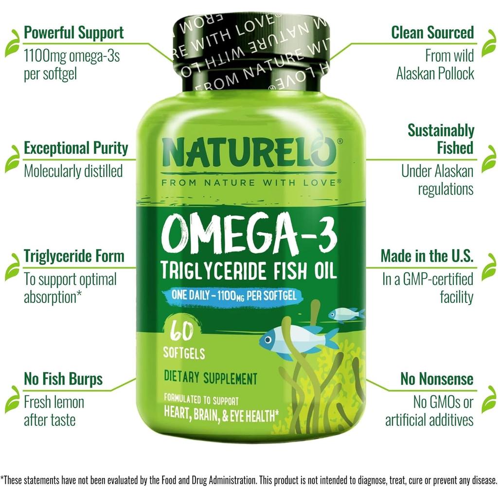 Naturelo Premium Omega-3 Fish Oil 1100 mg, supports heart health, triglyceride form, easy one-a-day capsule, image 4.
