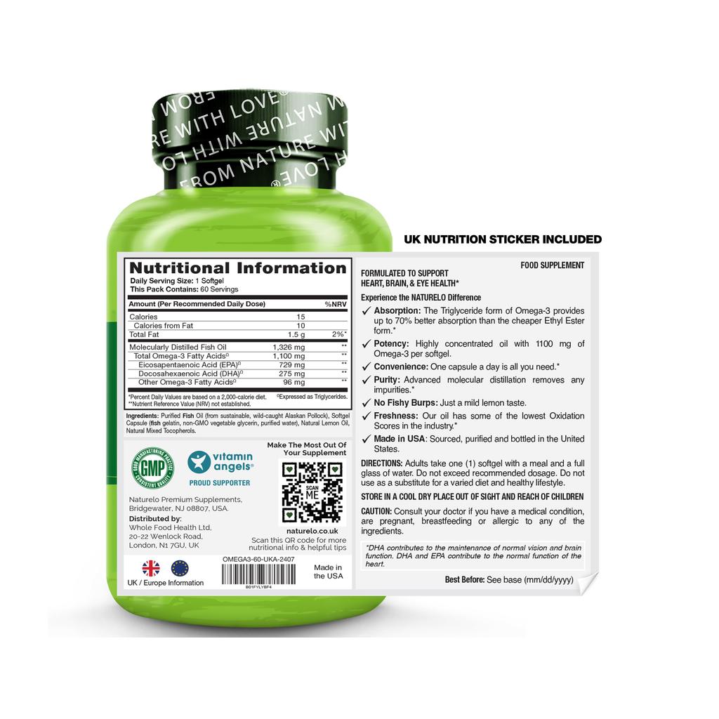 Naturelo Premium Omega-3 Fish Oil 1100 mg, supports heart health, triglyceride form, one-a-day supplement, image 8.