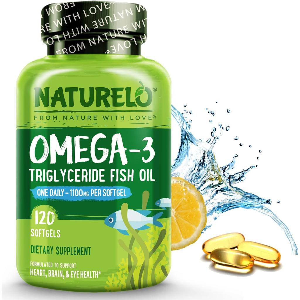 Naturelo Premium Omega-3 Fish Oil 1100mg, Triglyceride form, boosts heart health, brain function, one-a-day convenience.