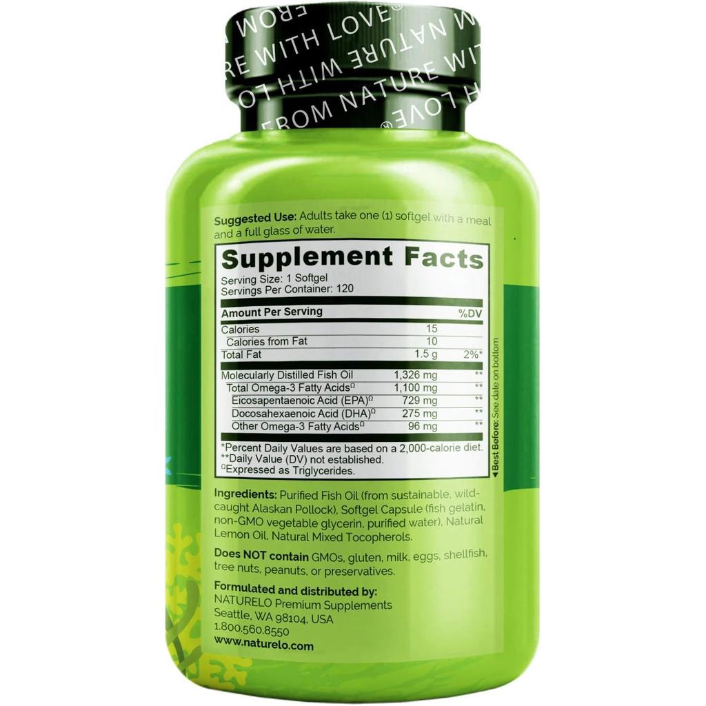 Naturelo Premium Omega-3 Fish Oil 1100mg Triglyceride, One-a-Day, Heart Health Support, Omega-3 Supplement, Image 3