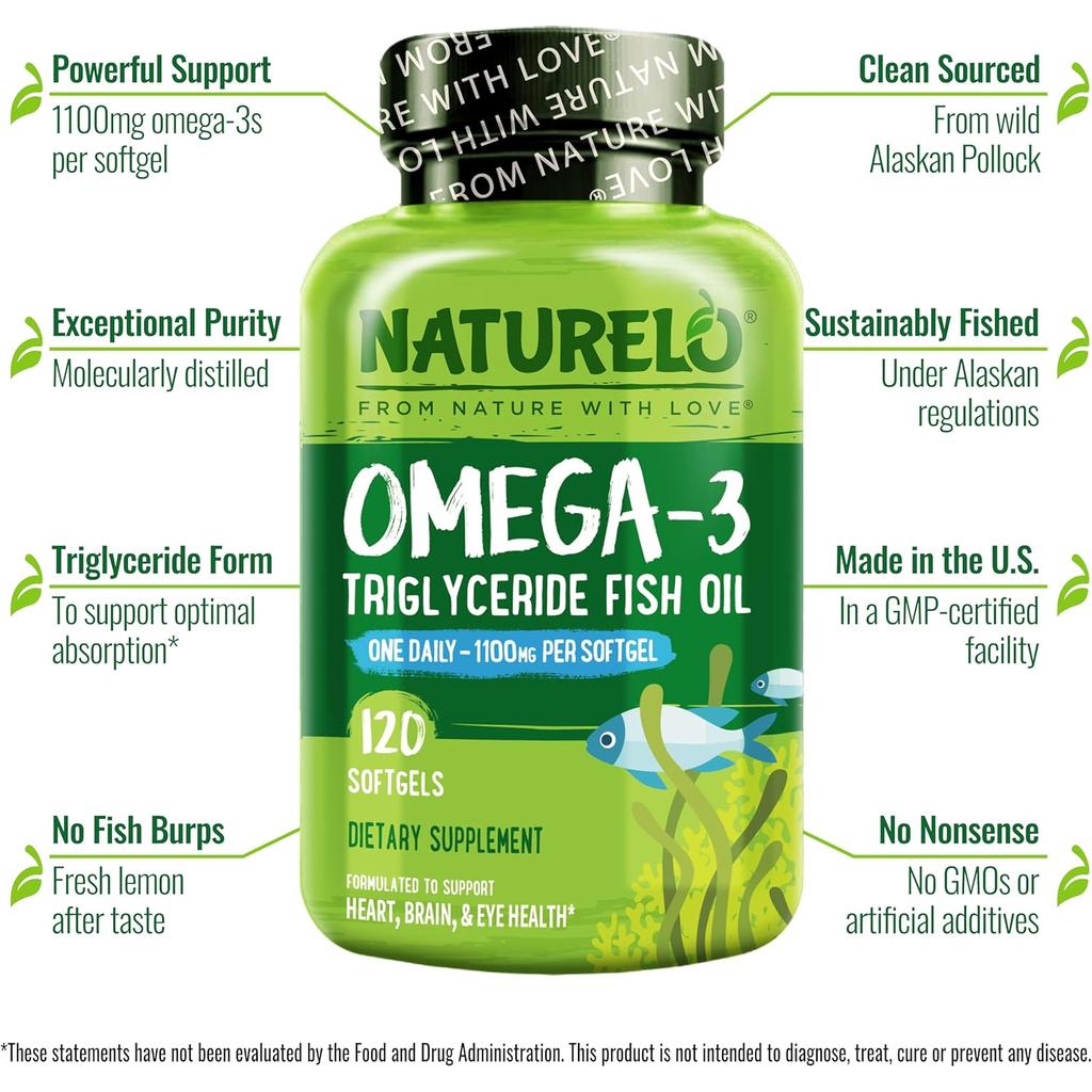 Naturelo premium omega-3 fish oil 1100 mg triglyceride, supports heart health, one-a-day supplement, image 4.