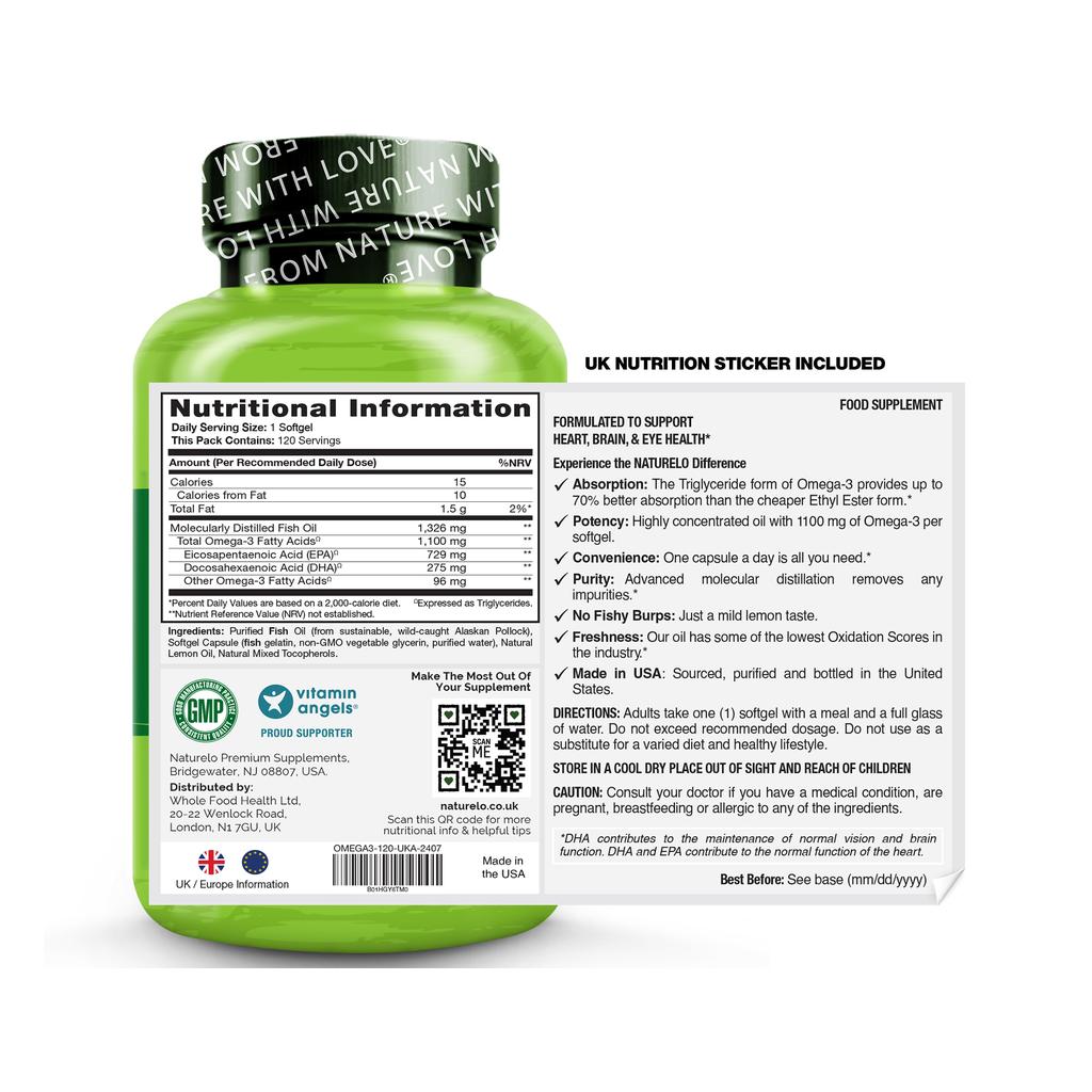 Naturelo Premium Omega-3 Fish Oil 1100mg, heart health support, triglyceride form, one-a-day supplement, image 8.