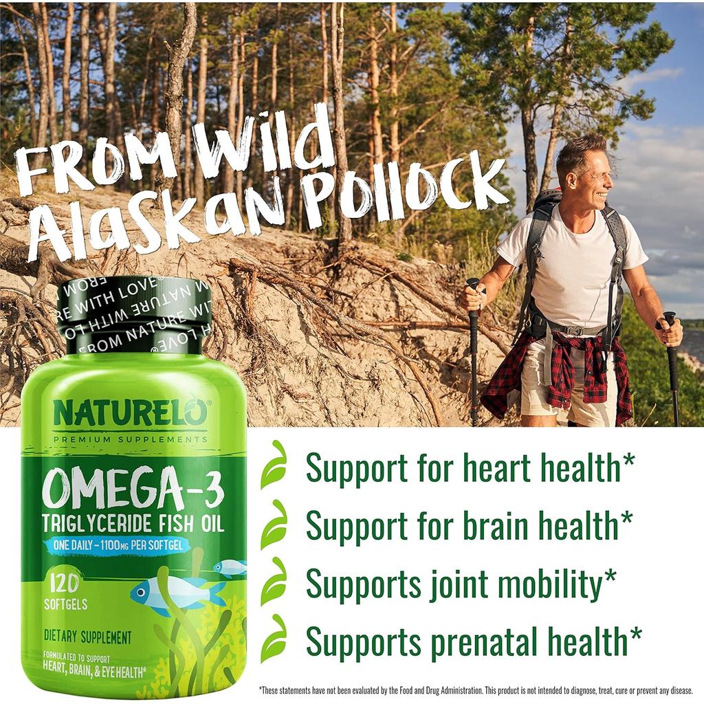 Naturelo Premium Omega-3 Fish Oil 1100mg, one-a-day triglyceride supplement, supports heart and brain health, image 9.