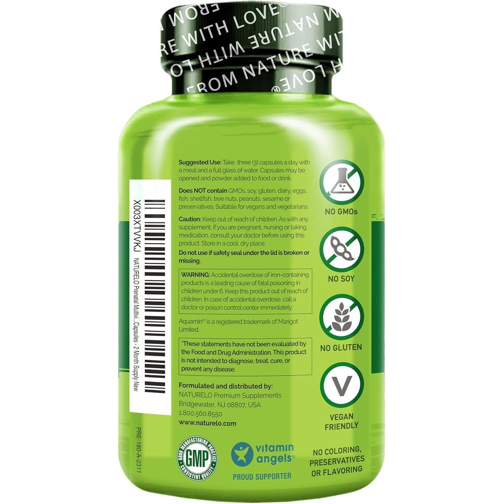 Naturelo prenatal whole food multivitamin with natural folate, calcium, and iron for pregnancy health benefits.