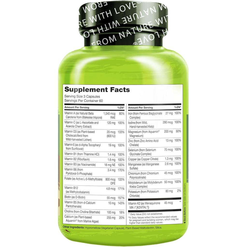 Naturelo prenatal multivitamin with natural folate, calcium, iron; supports pregnancy health and fetal development.