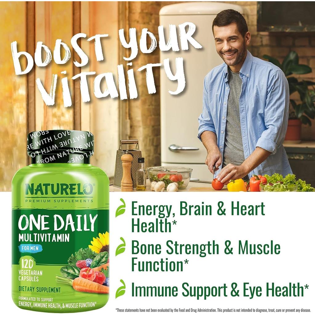 Naturelo One Daily Multivitamin for Men with Natural Vitamins, Fruit Extracts; boosts energy, immunity, muscle function.