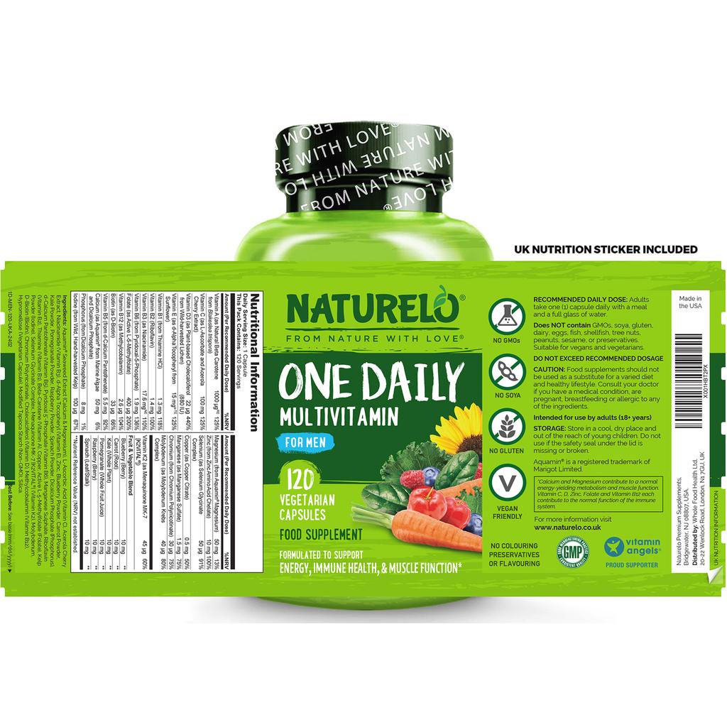 Naturelo men&#39;s multivitamin, natural fruit extracts, supports energy, immunity, muscle, vegan, non-GMO, gluten-free.