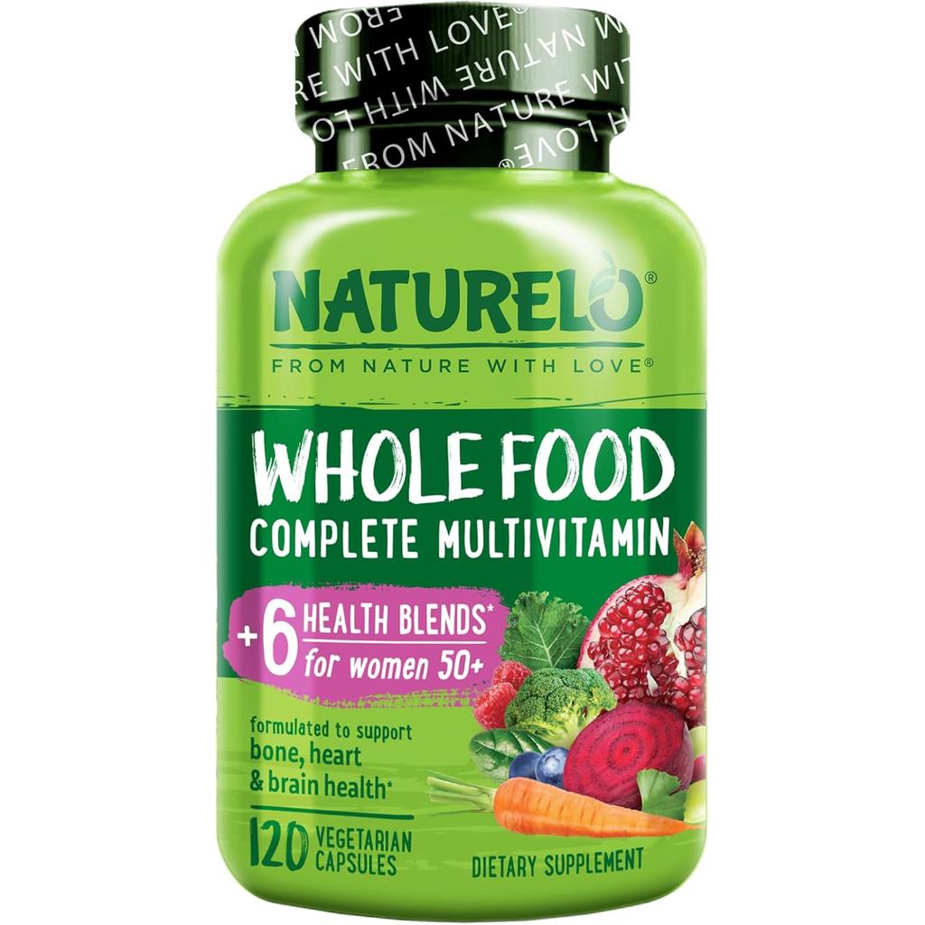 Naturelo whole food multivitamin for women 50+, natural vitamins, bone blend, no iron, supports bone health and vitality.