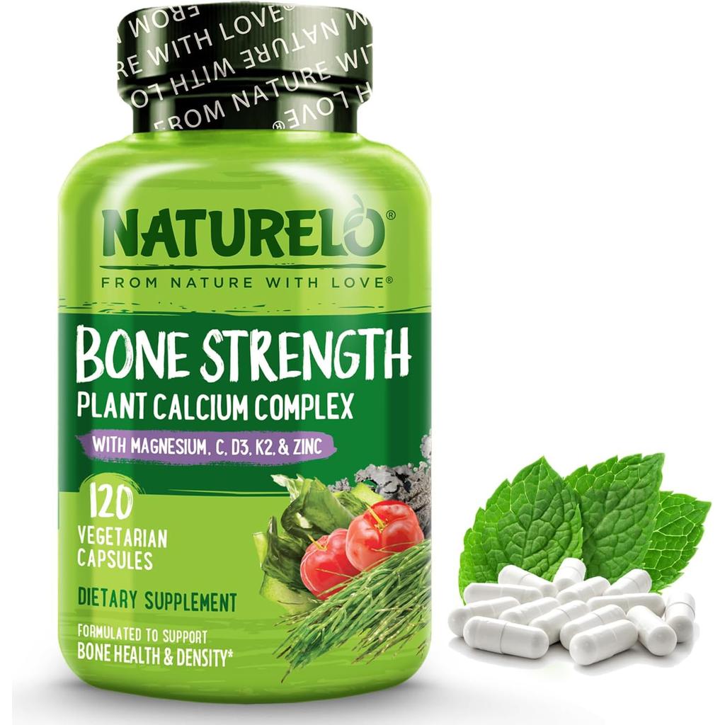 Naturelo Bone Strength Supplement with Natural Calcium, Magnesium, Vitamin C, D3, K2 for Enhanced Bone Health