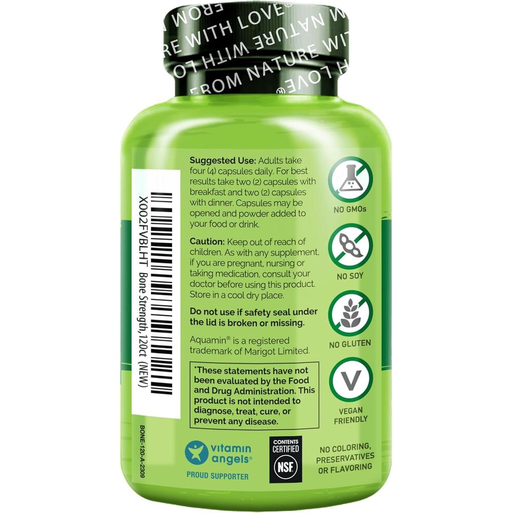 Naturelo Bone Strength supplement with natural calcium, magnesium, vitamins C, D3, K2 for healthy bones and joints.