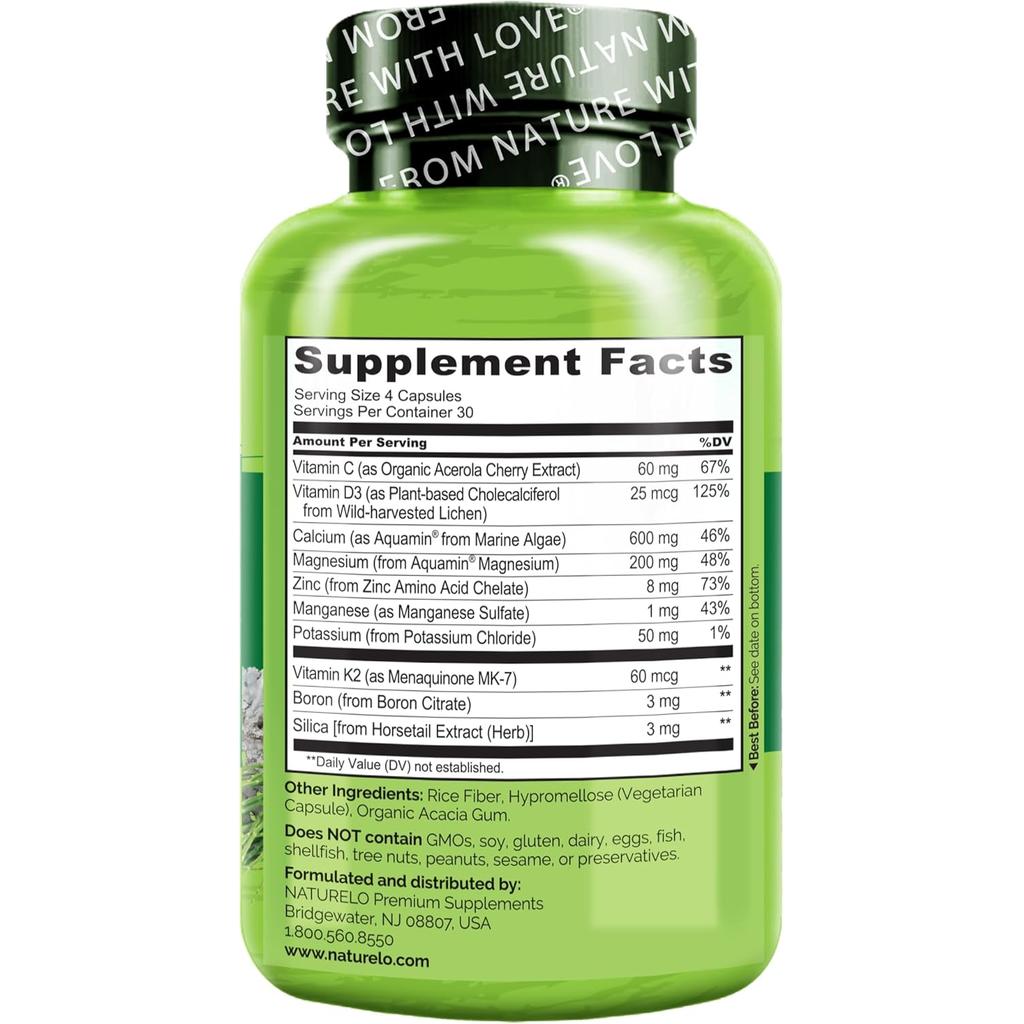 Naturelo Bone Strength Supplement with Calcium, Magnesium, Vitamin C, D3, K2 for healthy bones and joint support - Image 3.