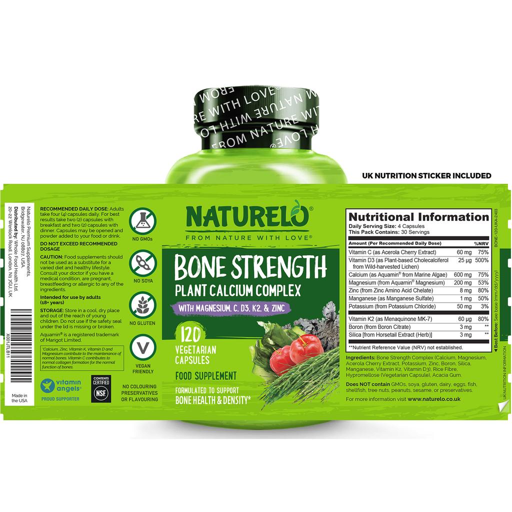 Naturelo Bone Strength supplement with natural calcium, magnesium, vitamins C, D3, K2 for bone health - Image 8.