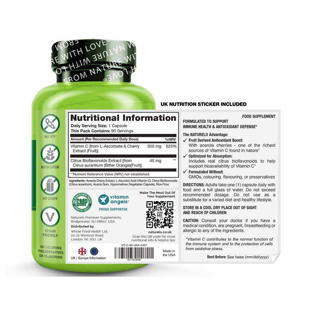 Naturelo Vitamin C with Acerola Cherry &amp; Citrus Bioflavonoids, boosts immune health, antioxidant support, image 8.