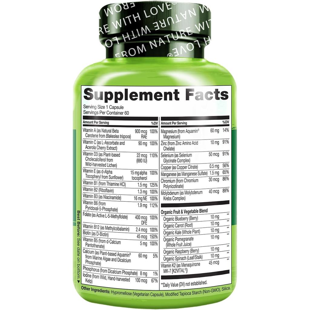 Naturelo One Daily Multivitamin for Women 50+ with Fruit Extracts, Iron Free, Supports Immunity &amp; Vitality, Vegan Formula