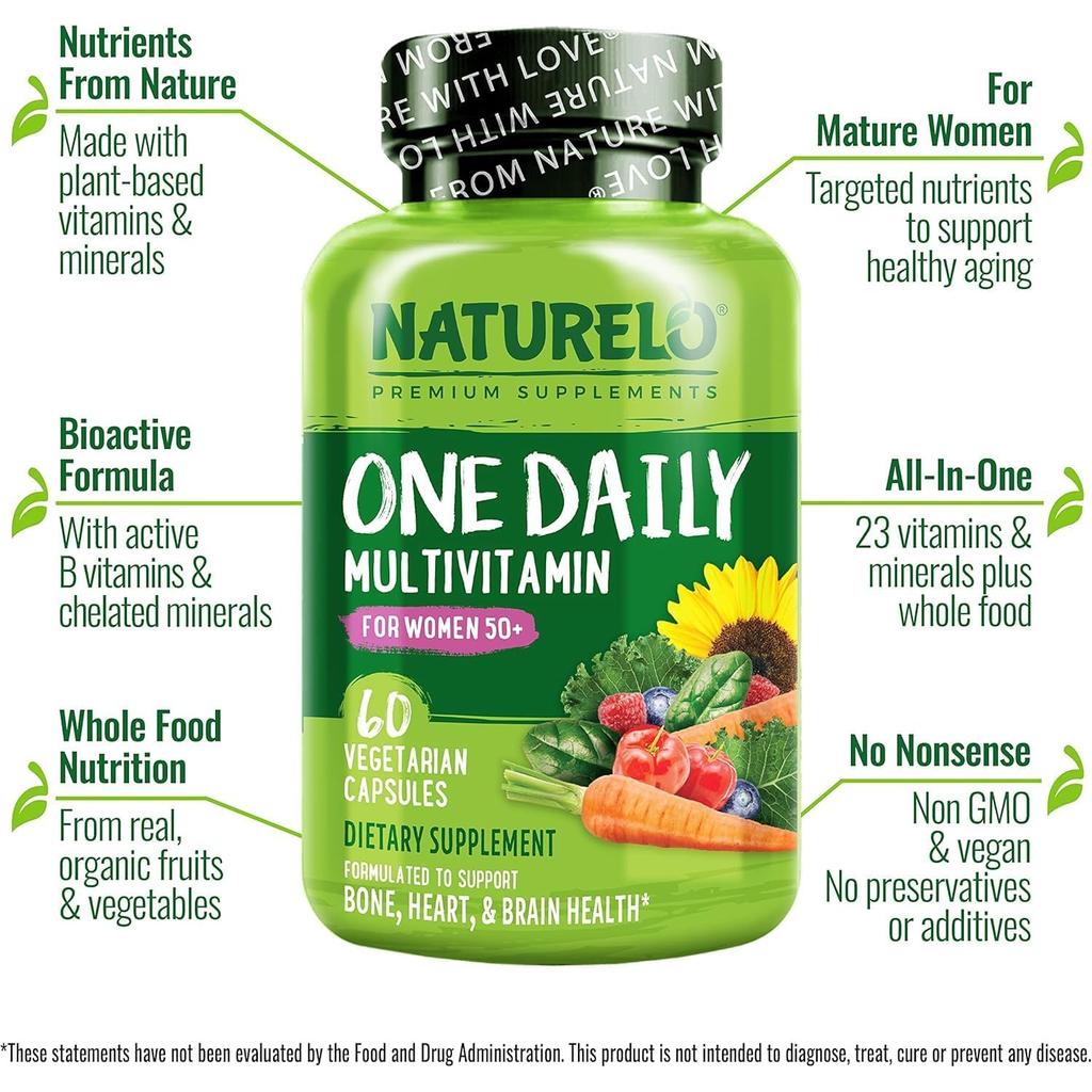 Naturelo One Daily Multivitamin for Women 50+ with Fruit Extracts, Iron-Free, Supports Immunity &amp; Vitality, Vegan Formula Ima