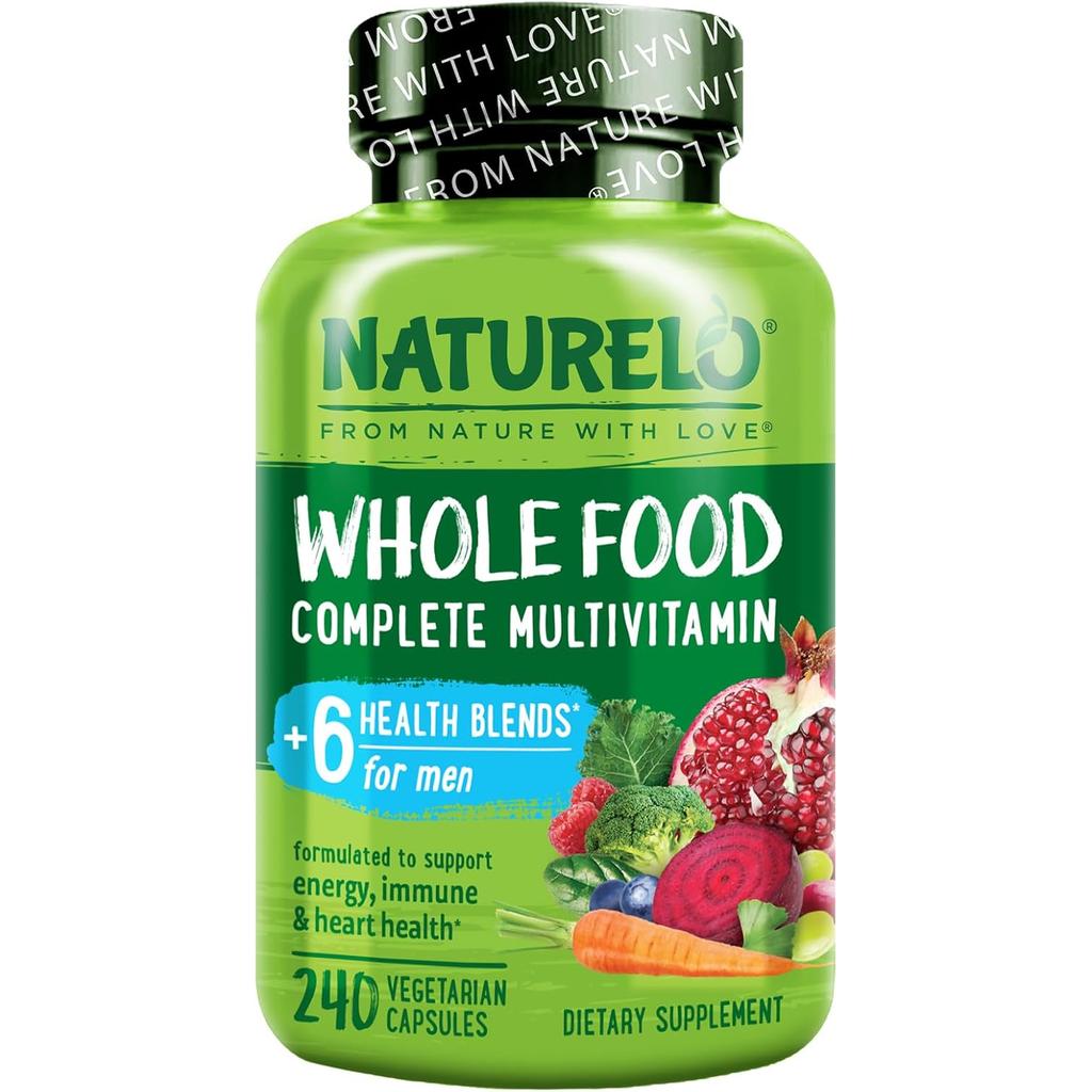 Naturelo Whole Food Multivitamin for Men, natural vitamins, fruit & herbal health blends, daily wellness support.