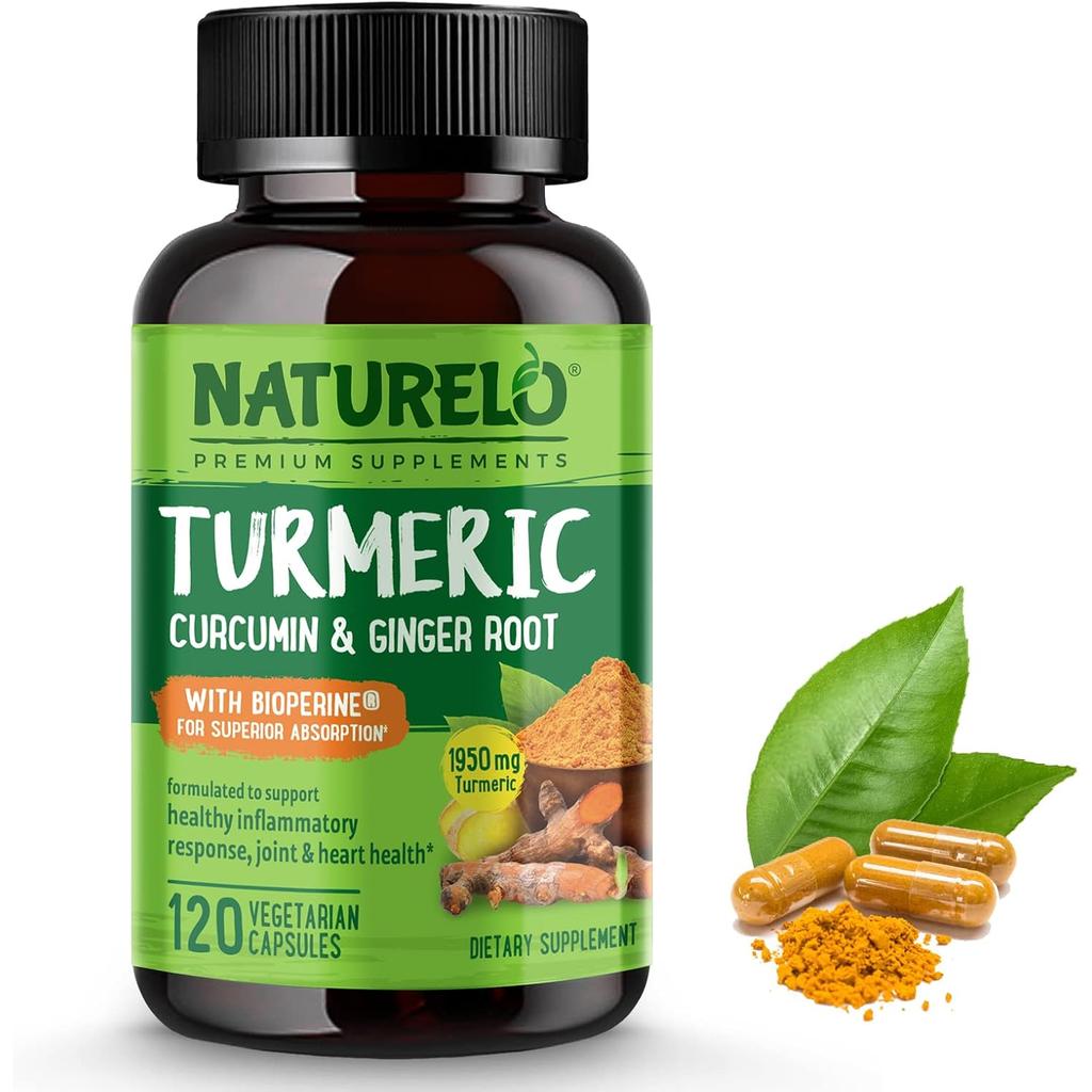 Naturelo Turmeric Curcumin with Ginger, Boswellia & Black Pepper for joint support and anti-inflammatory benefits.