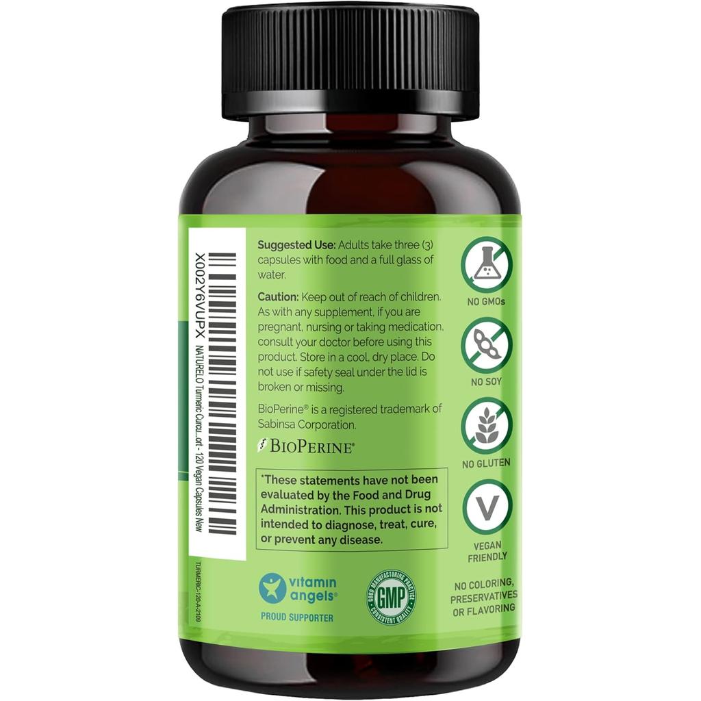 Naturelo turmeric curcumin supplement with ginger, boswellia, black pepper for joint health, anti-inflammatory benefits.