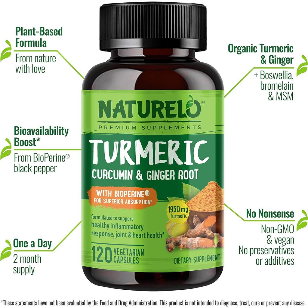 Naturelo turmeric curcumin supplement with ginger, boswellia, black pepper for joint support and anti-inflammatory benefits.