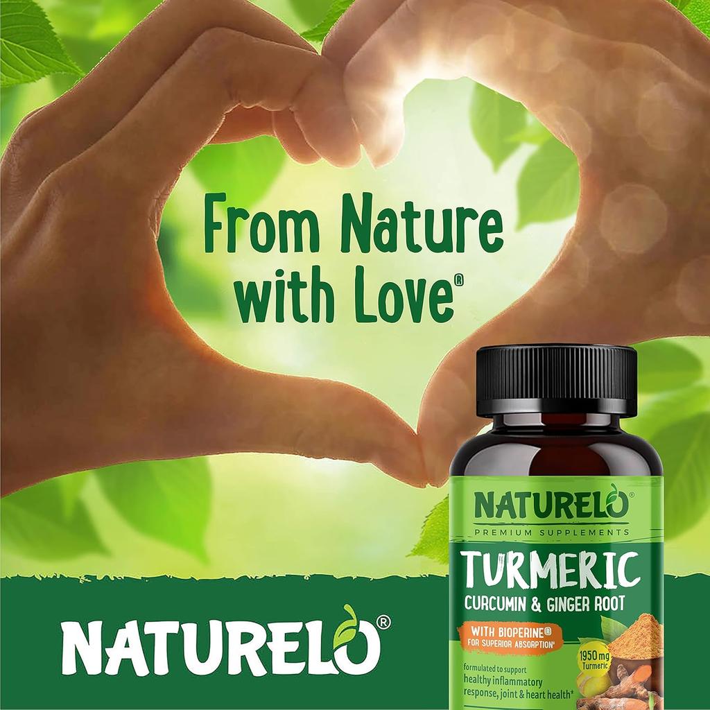 Naturelo Turmeric Curcumin capsules with Ginger, Boswellia, Black Pepper for joint health and anti-inflammatory support, imag