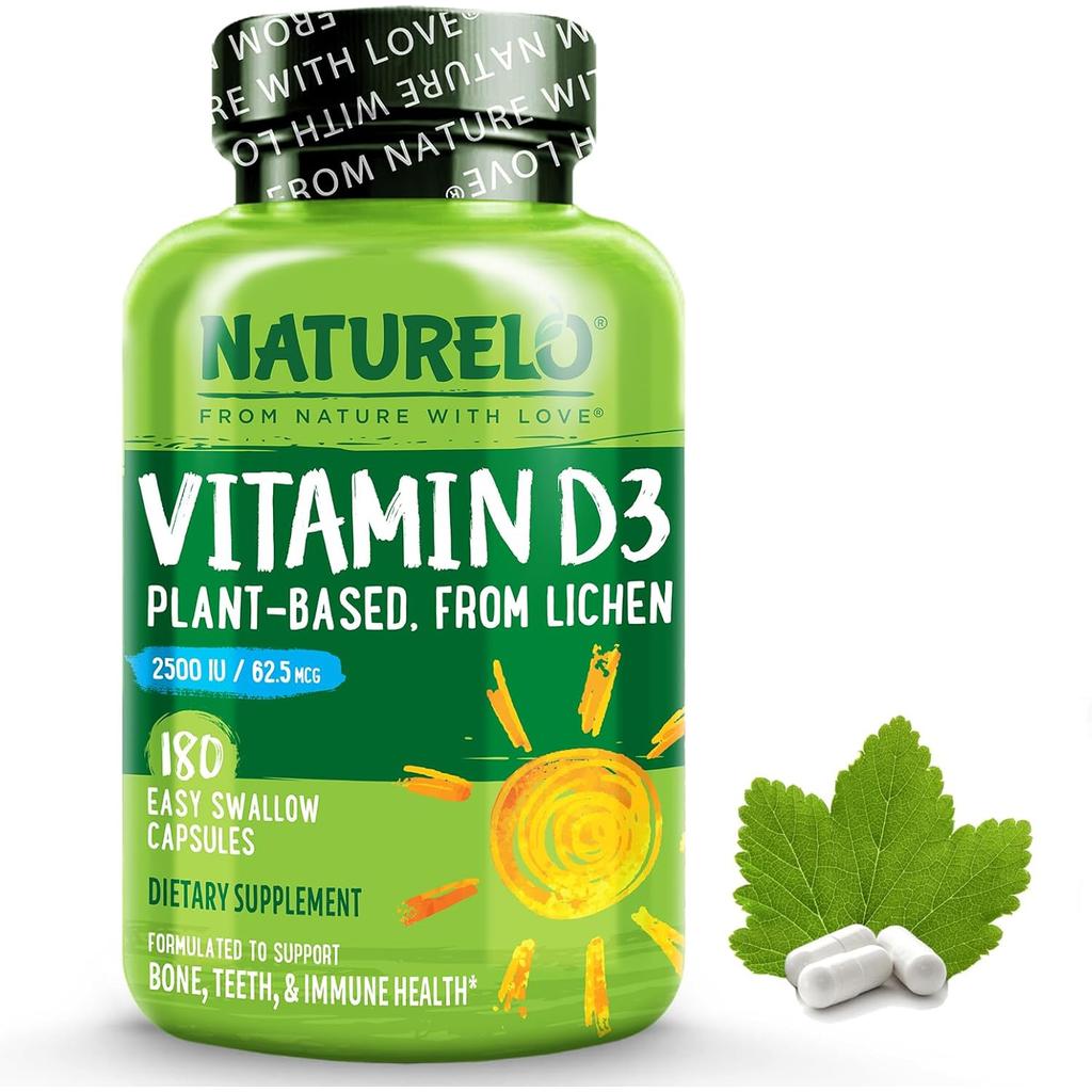 Naturelo Vitamin D 2500 IU from wild-harvested lichen, supports immune health and bone strength, plant-based supplement.