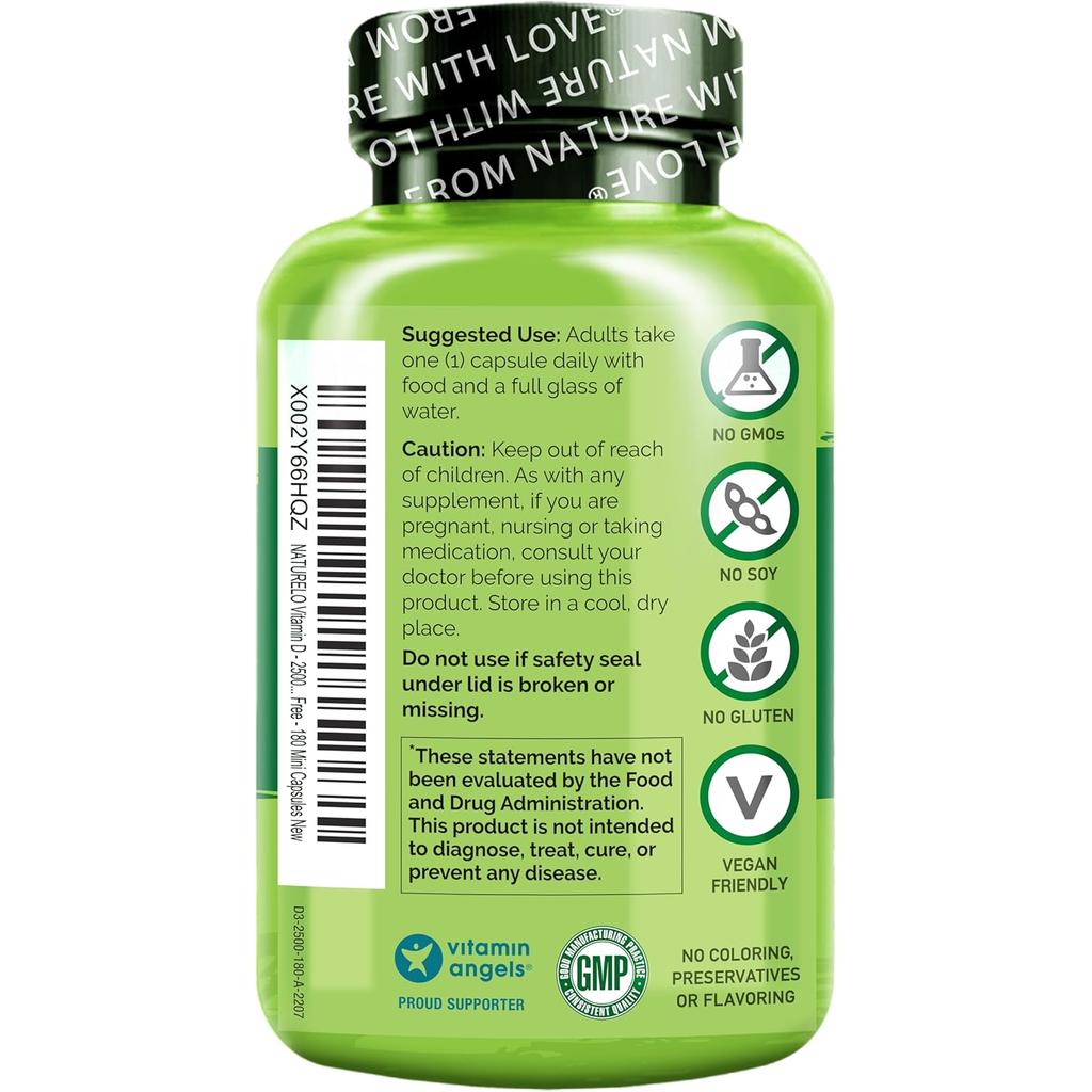 Naturelo Vitamin D 2500 IU from wild-harvested lichen, supports immune health, bone strength, vegan-friendly supplement.