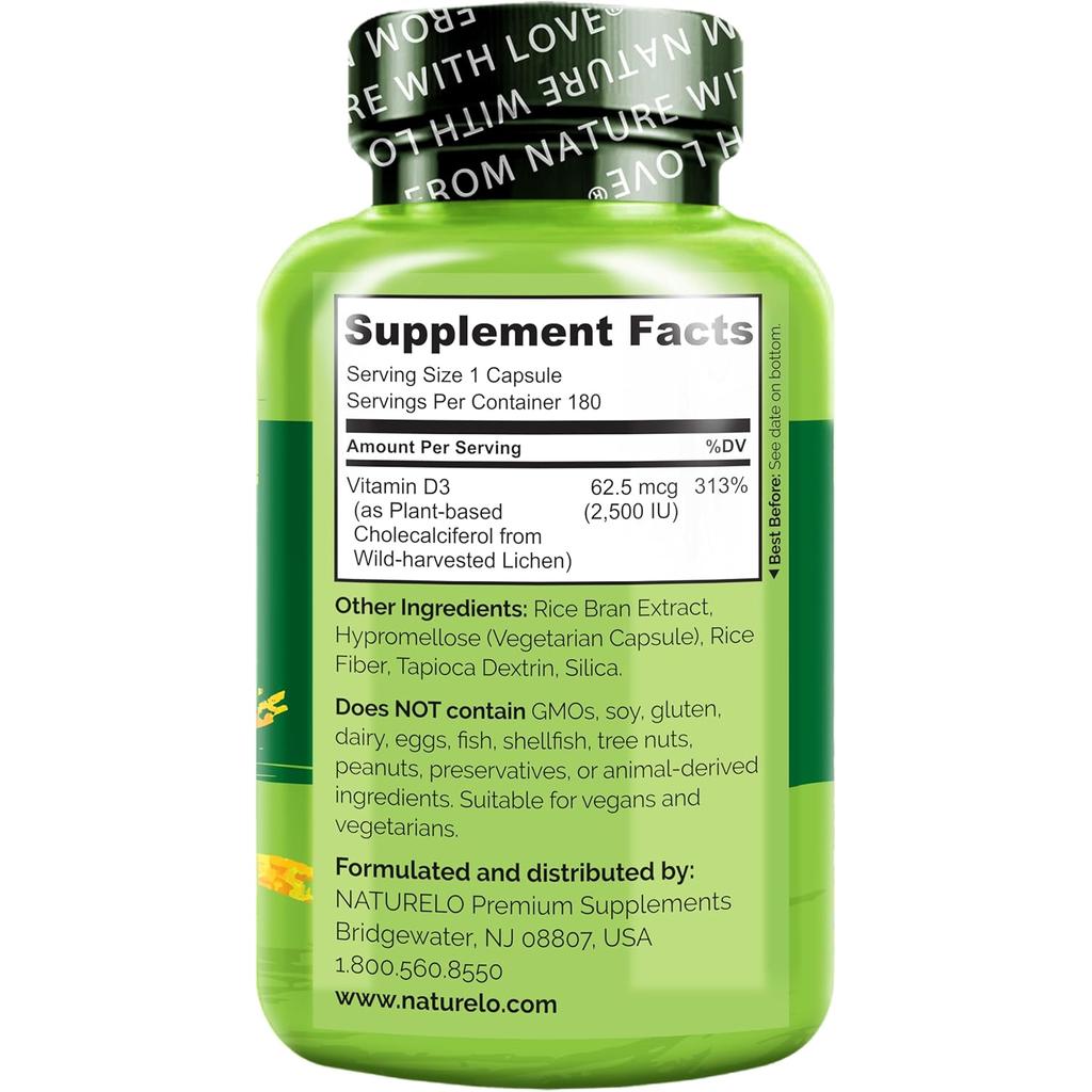 Naturelo Vitamin D 2500 IU from wild-harvested lichen, boosts immunity and bone health, natural supplement image 3.