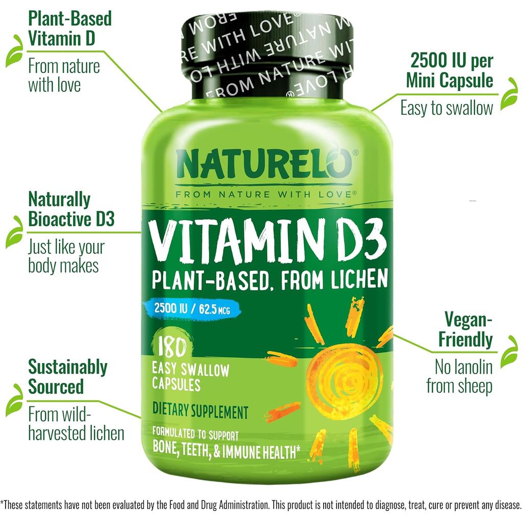 Naturelo Vitamin D 2500 IU from natural wild-harvested lichen, boosts immune health, supports bone strength, image 4.