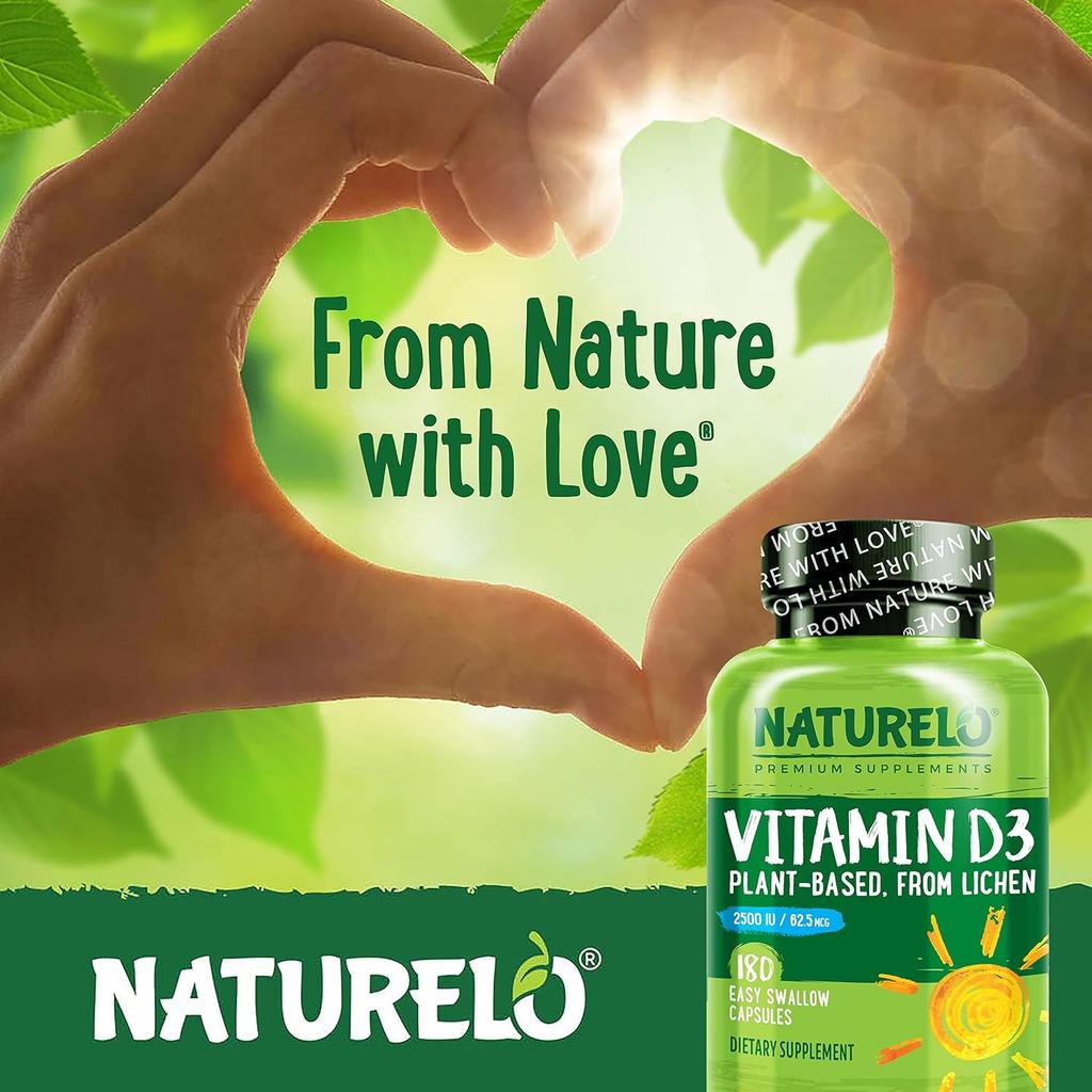 Naturelo Vitamin D 2500 IU from wild-harvested lichen, boosts immune health, supports bone strength, vegan-friendly supplemen