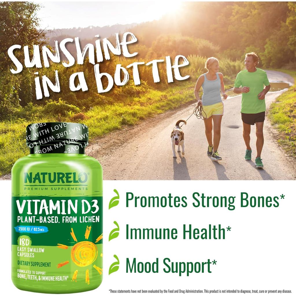 Naturelo Vitamin D 2500 IU from wild-harvested lichen, supports immune health and bone strength, vegan-friendly supplement.