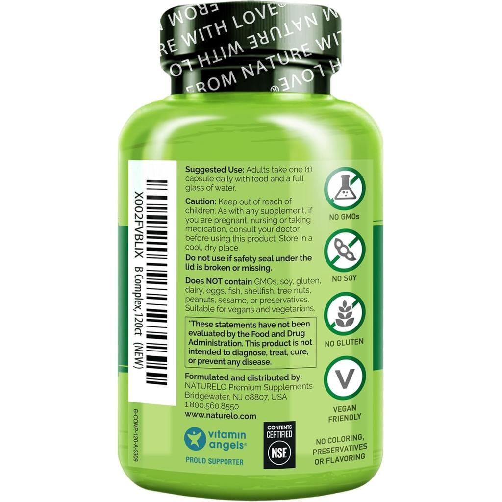 Naturelo B-Complex with B6, Folate, B12, Biotin, supports energy, metabolism, heart, and brain health, image 2.