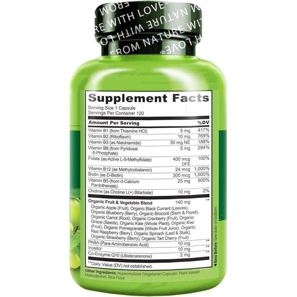 Naturelo B-Complex with B6, Folate, B12, Biotin for energy, stress relief, immune support, natural vitamin supplement.