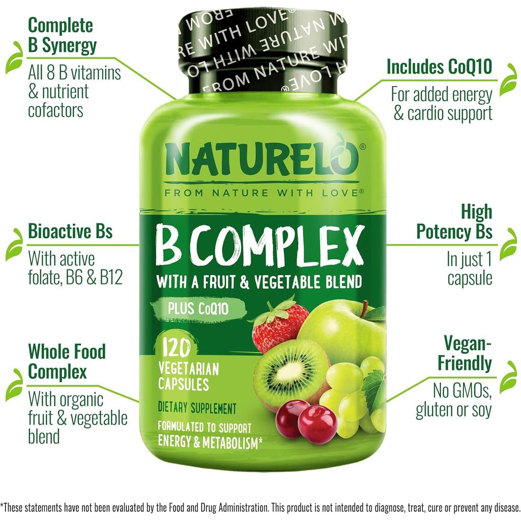 Naturelo B-Complex supplement with natural vitamin B6, folate, B12, biotin benefits for energy, metabolism, and stress suppor