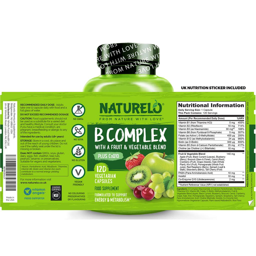 Naturelo B-Complex with B6, Folate, B12, Biotin, energy support, stress relief, metabolism boost, image 8.