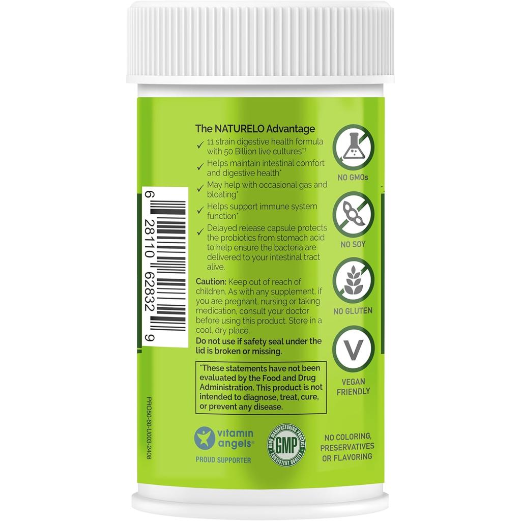 Naturelo Multibiotic 50 Billion CFU, 11 Strains, No Refrigeration, Supports Digestive and Immune Health, Probiotic Supplement