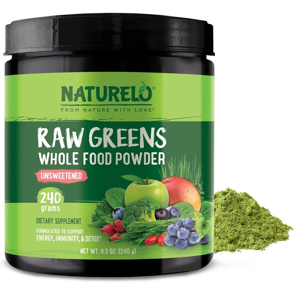Naturelo Raw Greens Powder with Grasses, Probiotics &amp; Superfoods, Vegan, 30 Servings, Unsweetened, Boosts Immunity &amp; Digestio