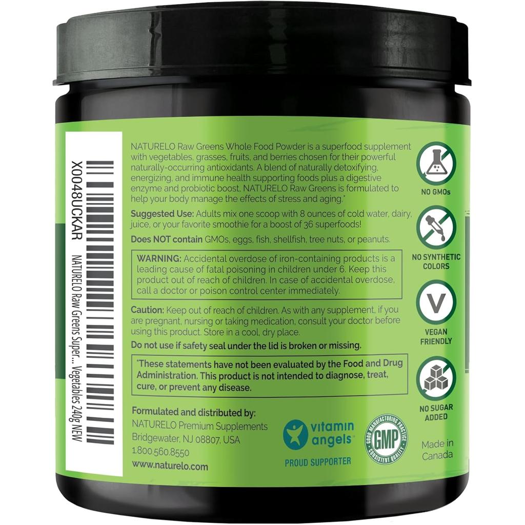 Naturelo Raw Greens Powder with Grasses, Probiotics &amp; Superfoods, Vegan, Unsweetened, Boosts Energy &amp; Digestion, 30 Servings.