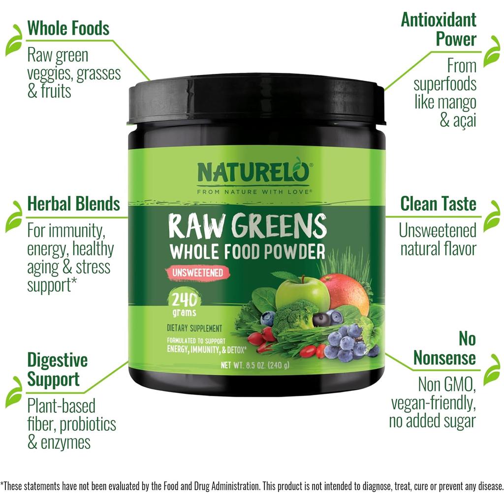 Naturelo Raw Greens Powder with Grasses, Probiotics, Superfoods, Unsweetened, Vegan, 30 Servings - Boost Energy &amp; Immunity