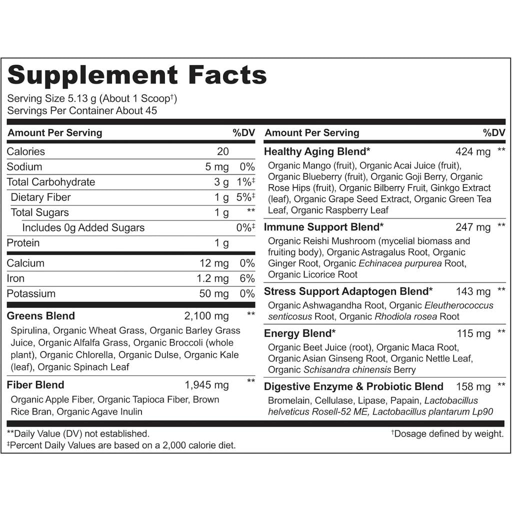 Naturelo raw greens powder with grasses, probiotics, superfoods, unsweetened, vegan, 30 servings, image 7.