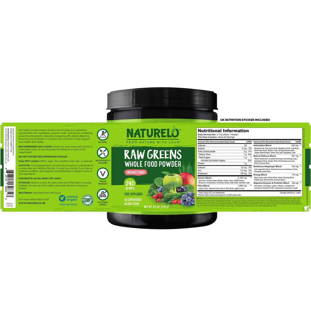 Naturelo Raw Greens Powder with Grasses, Probiotics &amp; Superfoods, Vegan, Unsweetened, 30 Servings, Image 8