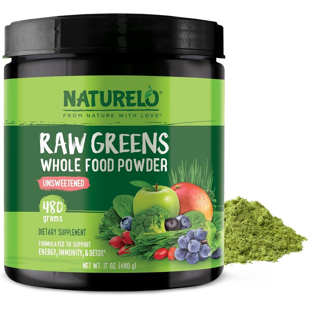 Naturelo Raw Greens Powder with Grasses, Probiotics, Superfoods, Vegan, Unsweetened, 60 Servings - Image 1
