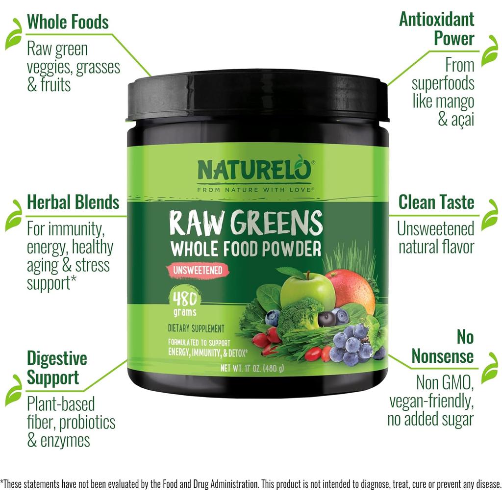Naturelo raw greens powder with grasses, probiotics, superfoods, unsweetened vegan 60 servings for health and vitality.
